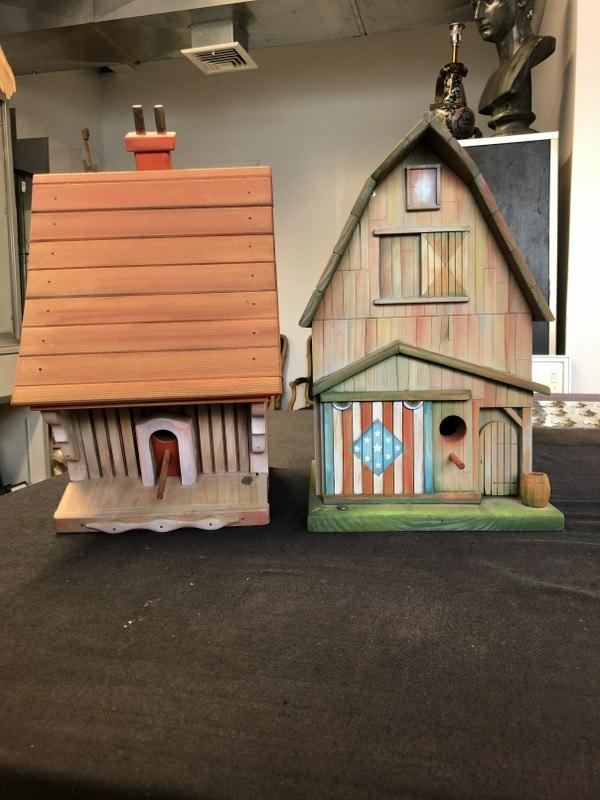 (2) nice contemporary folky bird houses, never used outdoors, measures 15" & 17" high. (1 of 3)