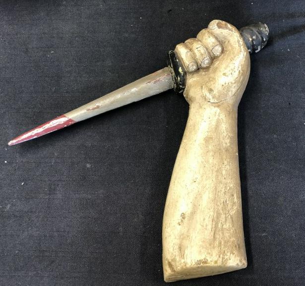 Older Fraternal (?) carved wood hand holding a dagger, from a N Y State estate, measures approx. (1 of 4)