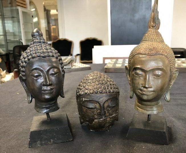 Estate lot (3) Buddah's including 4.5" high carved stone head & (2) bronze on wood bases, from local (1 of 7)