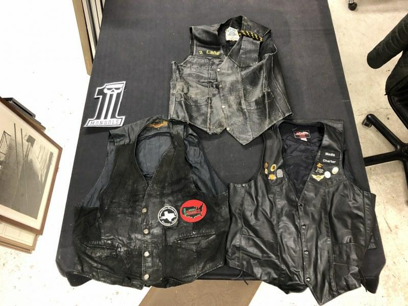 (3) Motorcycle Club leather vests with Club names, badges, etc. Found in estate, sizes 4X, 50 & 60. (1 of 14)