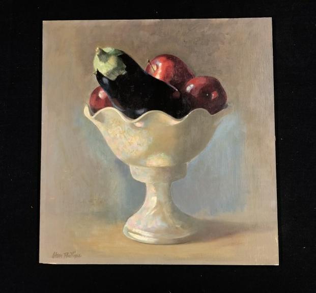 Stan Phillips (1924-2012 ) o/b still life with apples & eggplant in a bowl, signed lower left. (1 of 2)
