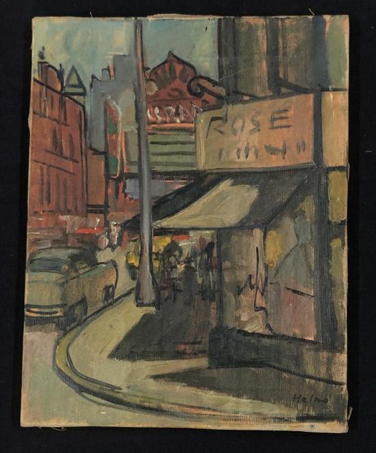 Rudy Helmo ( 1908-1986 ) o/c street scene, circa 1940's, signed lower right, painting measures 18" x (1 of 4)