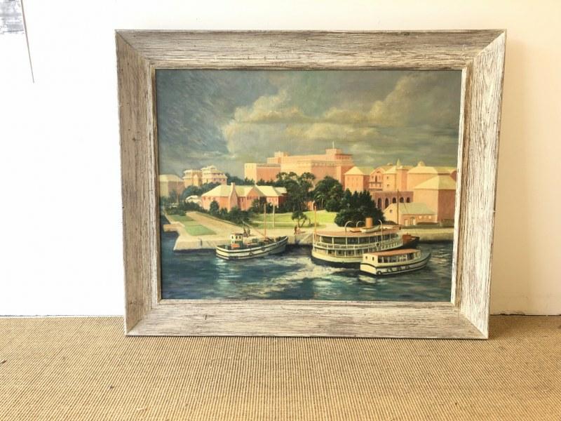 Circa 1940's o/c titled ( Bermuda Pink ) by Bunny Hammer, labels on back as pictured. Her and: Circa 1940's o/c titled ( Bermuda Pink ) by Bunny Hammer, labels on back as pictured. Her and Husband Tack painted in the Pittsburgh, Pa. area. This is in wonderful frame of the period, the painting m
