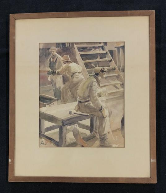 Circa 1940's w/color Industrial workers, signed lower right (B) with red stamp as pictured. Painting (1 of 4)