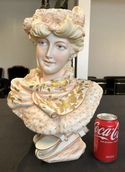 Magnificent 19th c (17" High) bisque portrait bust of well dressed Victorian woman in fancy hat, in (1 of 10)