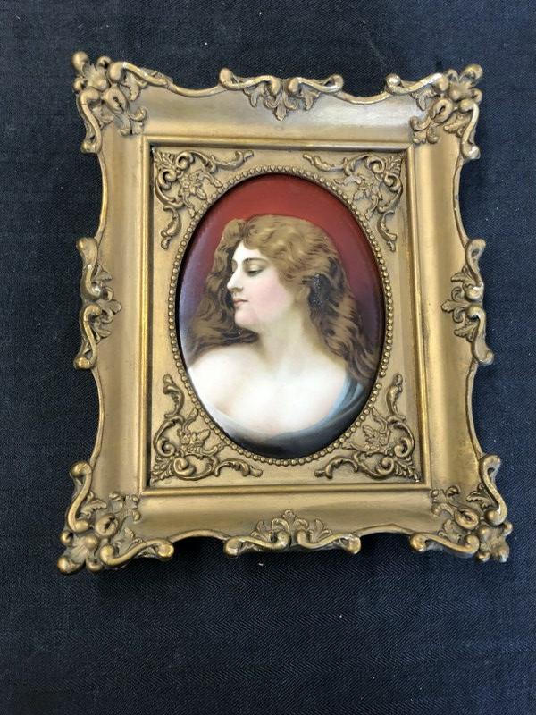 19th c porcelain plaque of pretty woman, no markings, in manner of KPM. Plaque measures 7" x 5.5". (1 of 4)