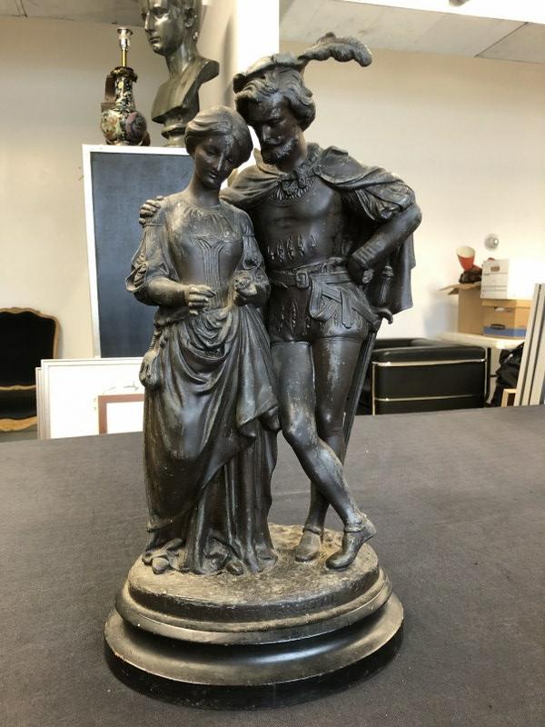 19th c FAUST ET MARGUERITE metal statue on base, from Hudson Valley estate, measures 20" high, some (1 of 5)