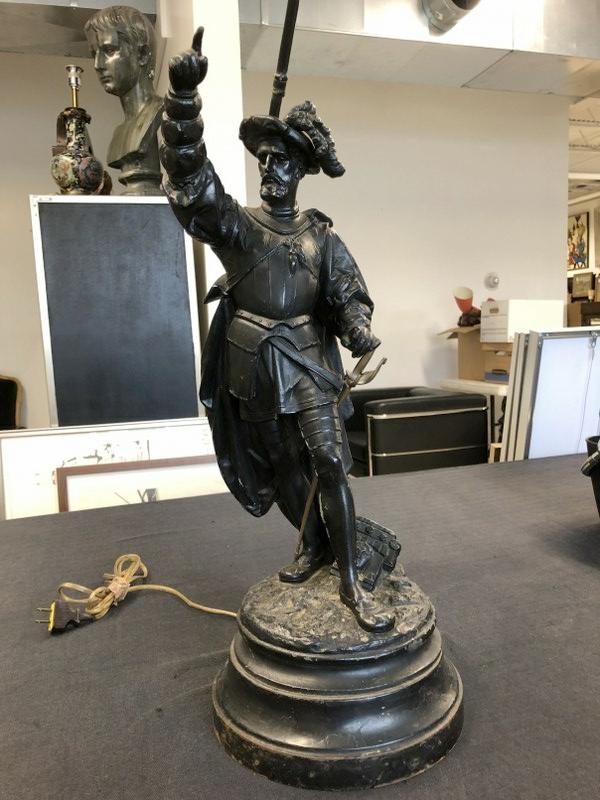 19th c metal figural staute table lamp of man with sword, nice overall estate condition. Older black (1 of 5)