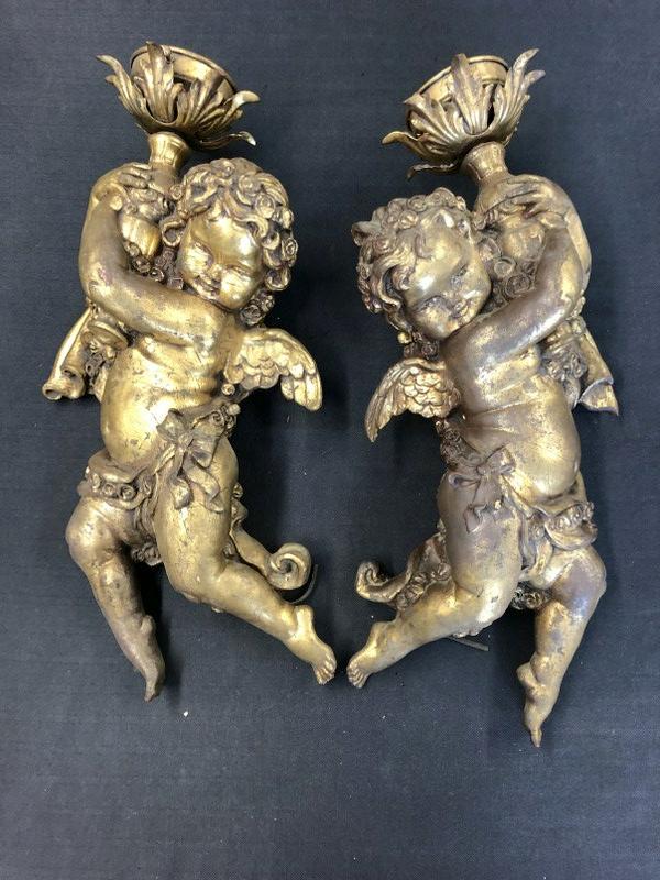 Fabulous pair of composition gilt cherub wall sconces, from Hudson Valley estate, they measure (1 of 5)