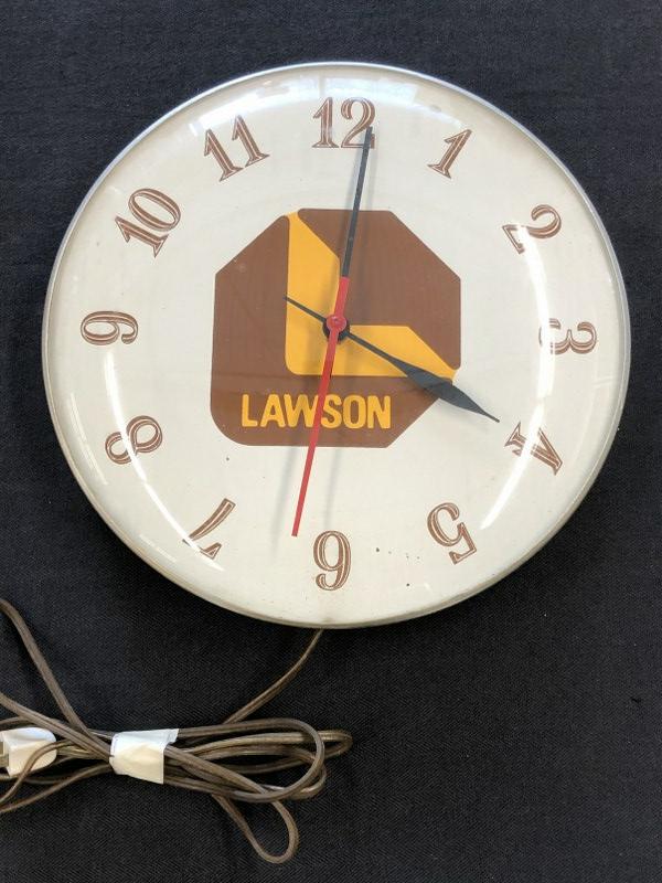 1950's ( LAWSON ) advertising wall clock, running, measures 12" across, curved glass, nice overall (1 of 4)