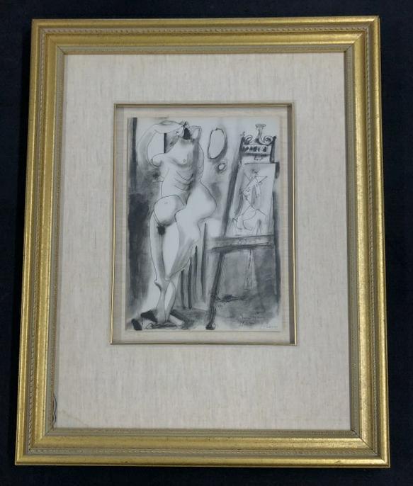 Pablo Picasso pencil signed print with nude in very nice decorative frame and matting ( small break: Pablo Picasso pencil signed print with nude in very nice decorative frame and matting ( small break in glass in lower left corner ). Print measures 16" x 11.25". The frame measures 32" x 26". Print is