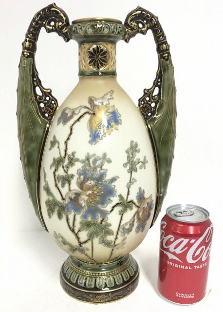 Fine Vienna porcelain 14.5" high decorative vase, floral decoration, with intricate designed handles (1 of 7)