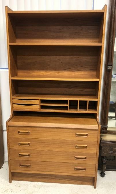 Danish Modern open shelf bookcase with drawers, from fine local home. Structurally sound, measures (1 of 2)