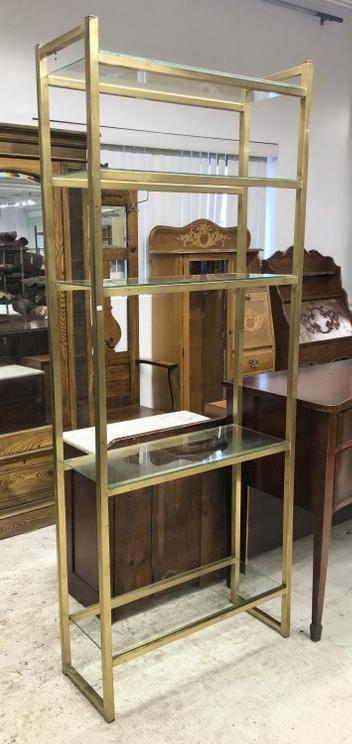 Mid Century brass open shelf unit, with all shelves intact. Measures 79" high x 32" wide x 12" deep. (1 of 3)
