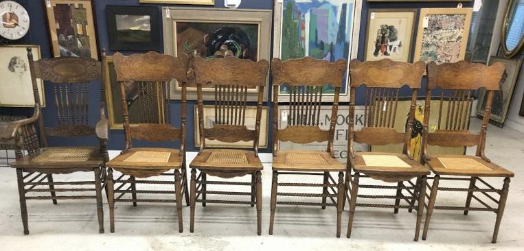 (6) oak circa 1900 pressed back chairs with (5) matching chairs and non matching armchair, all (1 of 4)