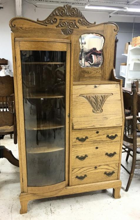 Circa 1910 oak Larkin desk, curved glass with drop down desk & interior, structurally sound, (1 of 4)