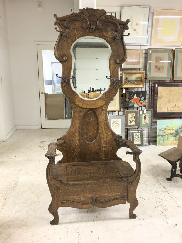 Quarter sewn oak circa 1900 hall bench coat tree, with lift up bench for storage, from Long Island, (1 of 2)