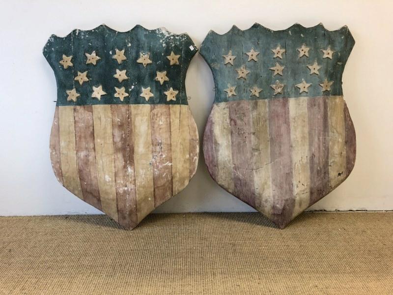 (2) older carved wood painted shields with stars & stripes, from NYC area estate, nice worn paint, (1 of 4)