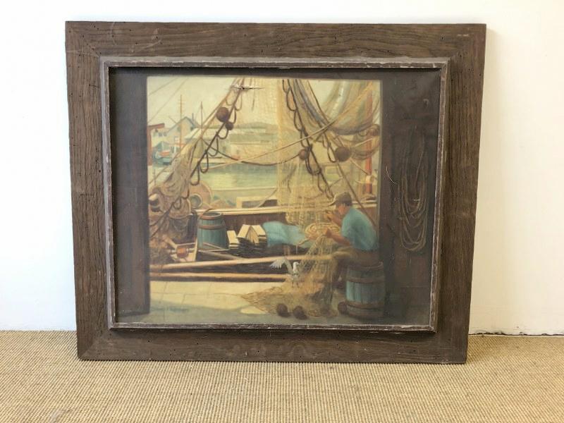 Bunny Hammer circa 1940's o/c of man fixing fishing net at the docks, has a 4 inch tear at top of (1 of 4)