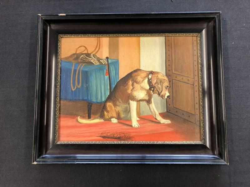 Older naÃ¯ve o/b painting of dog waiting by a door, unsigned, in older frame, from NYC area estate, (1 of 2)