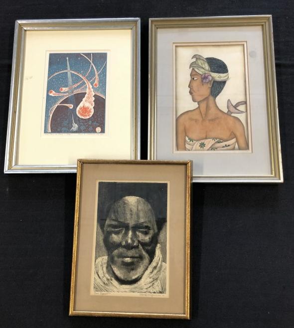 (3) pc. Estate art lot to include watercolor of Native woman signed illegibly (measures 11" x 7" ) - (1 of 7)