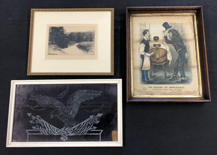 (3) pc. Estate art lot to include - Seymour Haden pencil signed etching measuring 7" x 10" - Currier (1 of 5)
