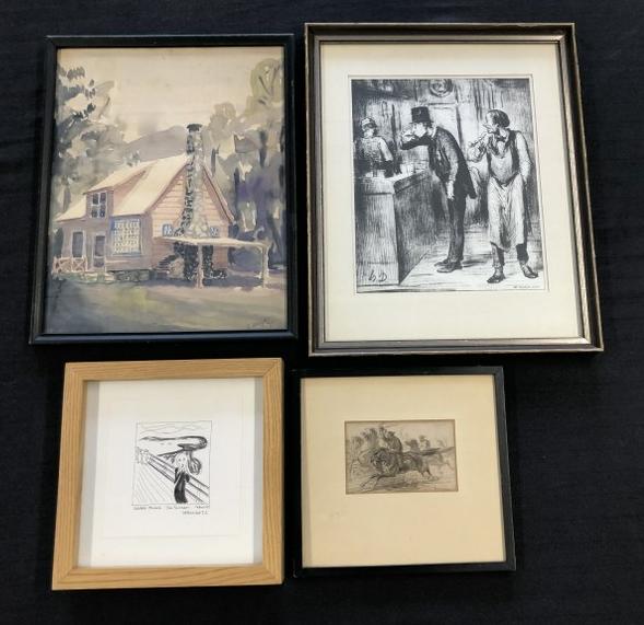 (4) pc. Estate art lot to include - watercolor landscape with house signed ( Wachter 1940 ) measures (1 of 9)