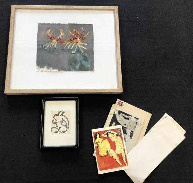 Nicholas Mariscano (1908-1991) 2 pcs. Includes small nude femal drawing measuring 3.5" x 3" & a: Nicholas Mariscano (1908-1991) 2 pcs. Includes small nude femal drawing measuring 3.5" x 3" & a watercolor & pastel still life measuring 9" x 9.5", the frame measures 16" x 18.5". From fine Woodstock,