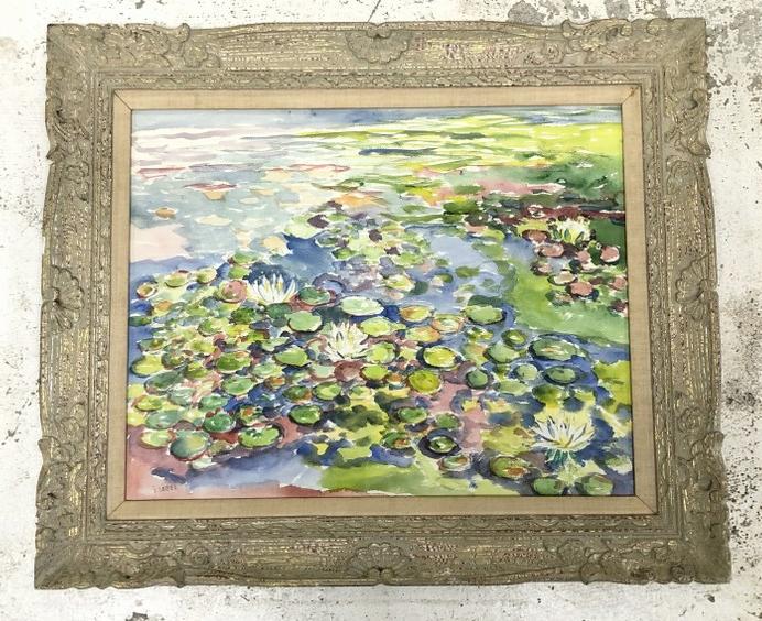 Jehudith Sobel (1924-2012) impressionist w/color landscape with lilly pads, in wonderful decorative (1 of 3)