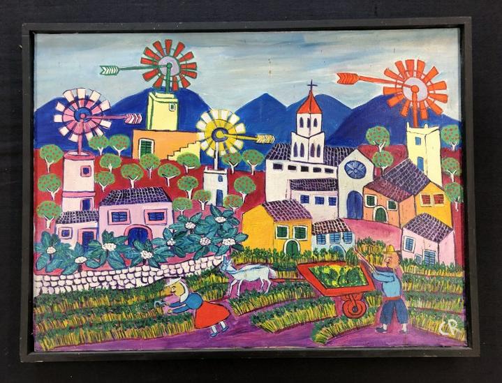 Carmen Ramirez (born 1953 Spain ) folk art o/c landscape-cityscape, dated 1982, information on back (1 of 7)