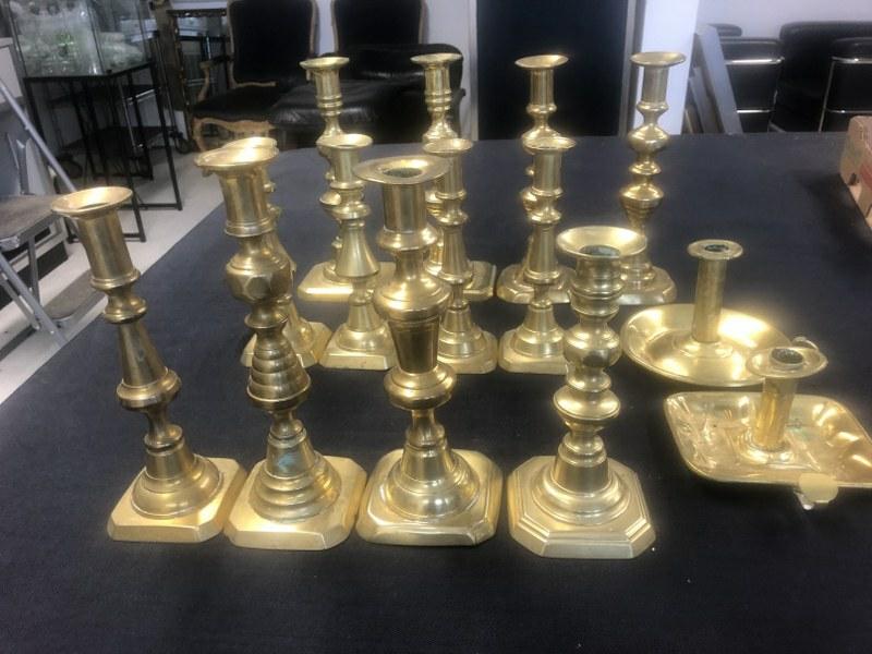 Estate lot old brass candlesticks, including (4) pairs, (4) singles and (2) flat onesâ€¦..tallest (1 of 5)