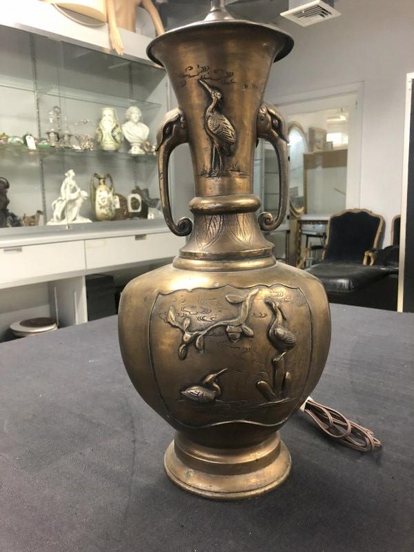 Early Asian bronze vase table lamp, with figures on both sides & handles, old polished patina. (1 of 8)