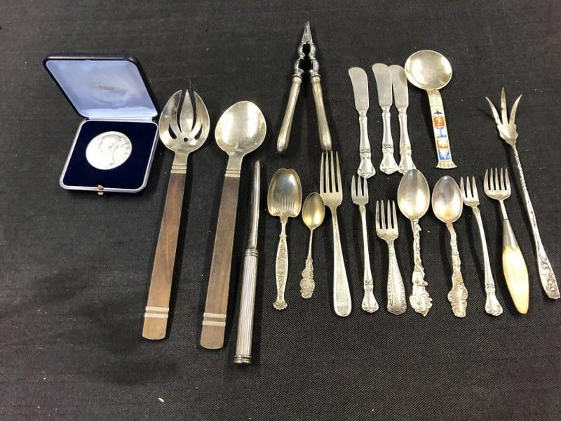 Misc. estate lot silver items, including sterling flatware, nice TAXCO serving fork & spoon with (1 of 5)