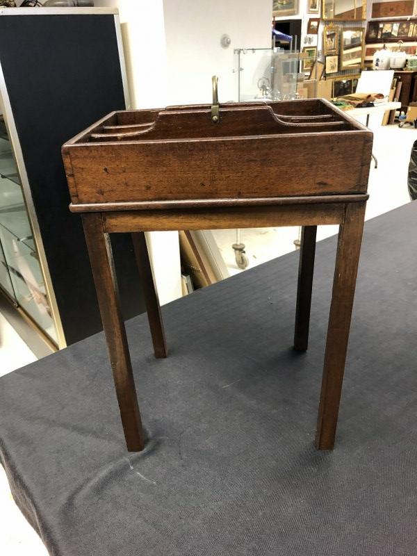 Early diminutive lift top tray stand, walnut, tray has dovetails on corners, measures 20" tall x 15": Early diminutive lift top tray stand, walnut, tray has dovetails on corners, measures 20" tall x 15" x 11.5", togetherâ€¦..nice old patinaâ€¦