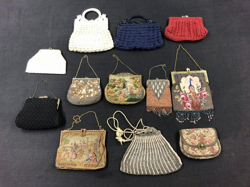 Estate lot of old purses, including beaded, tapestry, etc. One with Scotty dog handle, and a beaded (1 of 10)