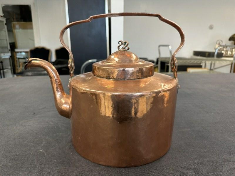 Old highly polished large copper kettle, measures 12" high to top of handlex 16" front to back. Nice (1 of 3)