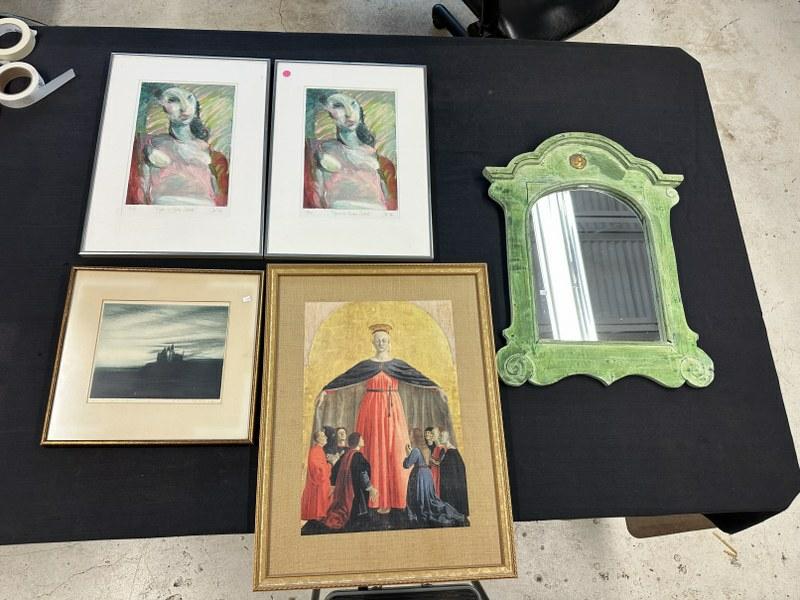 (5) pc. Framed estate lot to include- decorative green mirror, religious print, (2) signed prints (1 of 6)