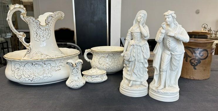 Misc. estate lot to include (5) pc. Washbowl set made by EGERSUND, stoneware Danish crock, decorated (1 of 7)