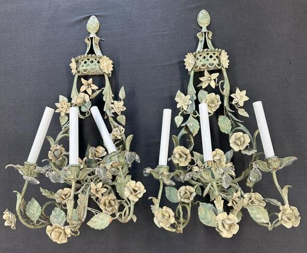 Pair metal older decorative floral motif wall sconces, from local estate, measure approx. 27" top to (1 of 2)