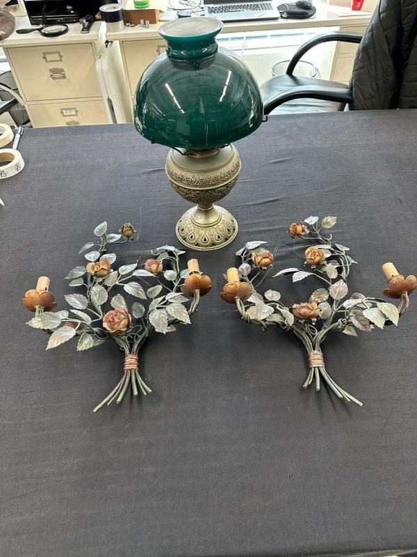 Estate lighting lot to include metal pair floral wall sconces & brass oil lamp with green glass (1 of 4)