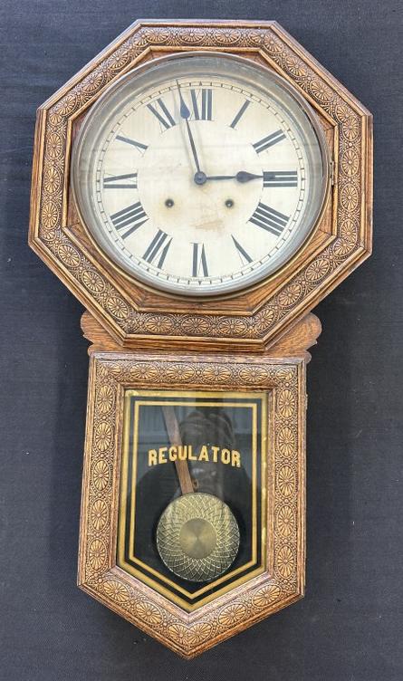 Oak REGULATOR wall clock with carvings, older refinished, has pendulum, no key, running, measures (1 of 1)