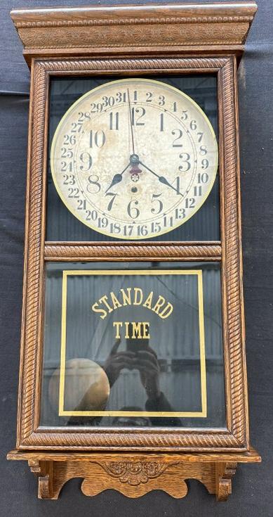 Oak STANDARD TIME wall clock, original patina and finish, pendulum intact, no key, movement works, (1 of 2)