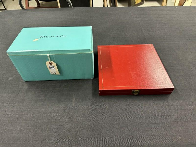 Tiffany & Co. boxed goblets (2) & Cartier polished pewter plate in original box (measures 11" across (1 of 4)