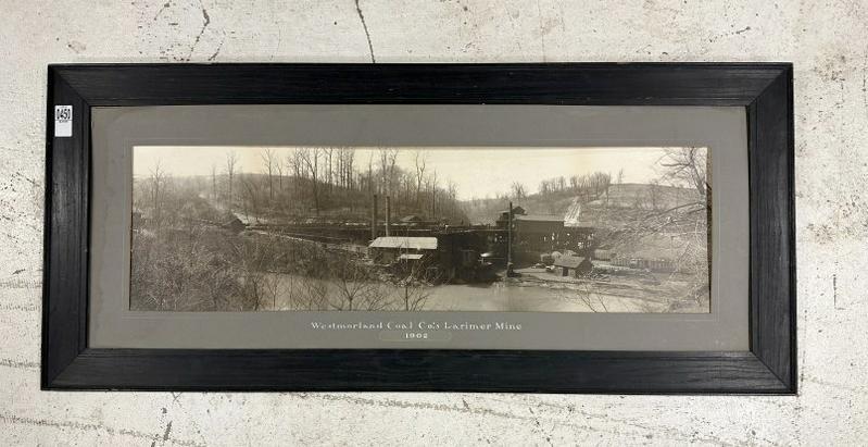 Large panoramic framed photograph of Westmorland Coal Co.'s Larimer Mine (1902 ). No glass in frame, (1 of 3)