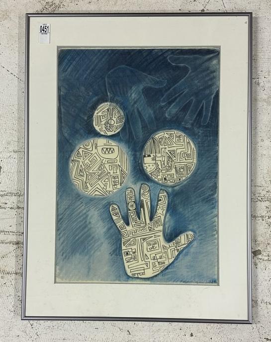 Margarete Bagshaw Tindel mixed media, pastel & watercolor of hands and balls, with signsâ€¦..signed (1 of 3)