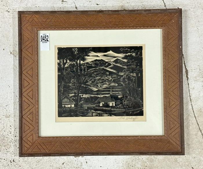 Hale Woodruff signed woodcut of moutainess landscape with village in foreground. Image measures 9" x (1 of 4)