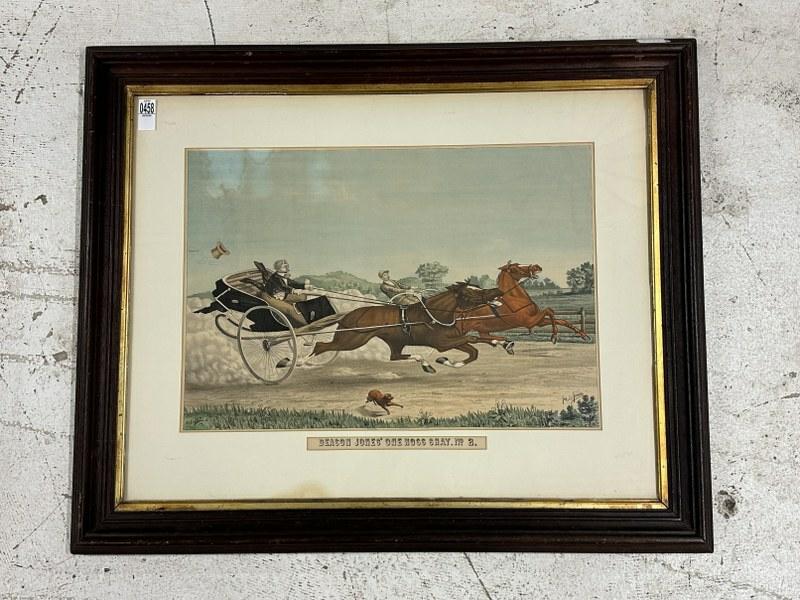 19th c large print titled ( DEACON JONES' ONE HOSS SHAY NO.2 ) in period Victorian walnut frame, an (1 of 2)