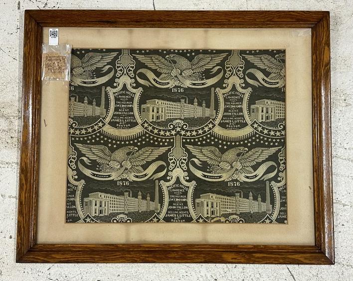 Large 1876 woven silk embroidery of PACIFIC MILLS in LAWRENCE, MASS. In oak frame of the period, (1 of 4)