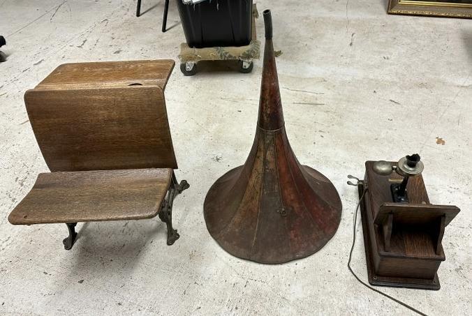 (3) pc. Estate lot - old childs school desk, phonograph horn, & Western Electric oak wall phone, no (1 of 4)