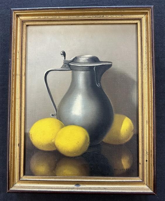 Nicolaas Bruynesteyn (1893 - 1950) o/c still life with lemons & pewter pitcher, signed lower right,: Nicolaas Bruynesteyn (1893 - 1950) o/c still life with lemons & pewter pitcher, signed lower right, fine estate condition, painting measures 12" x 9", from fine Catskill, N.Y. estate.